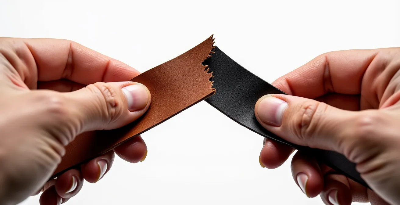 Vergleich der Biegung von Vollnarbenleder, das edle Falten zeigt, und Spaltleder, das scharf bricht.