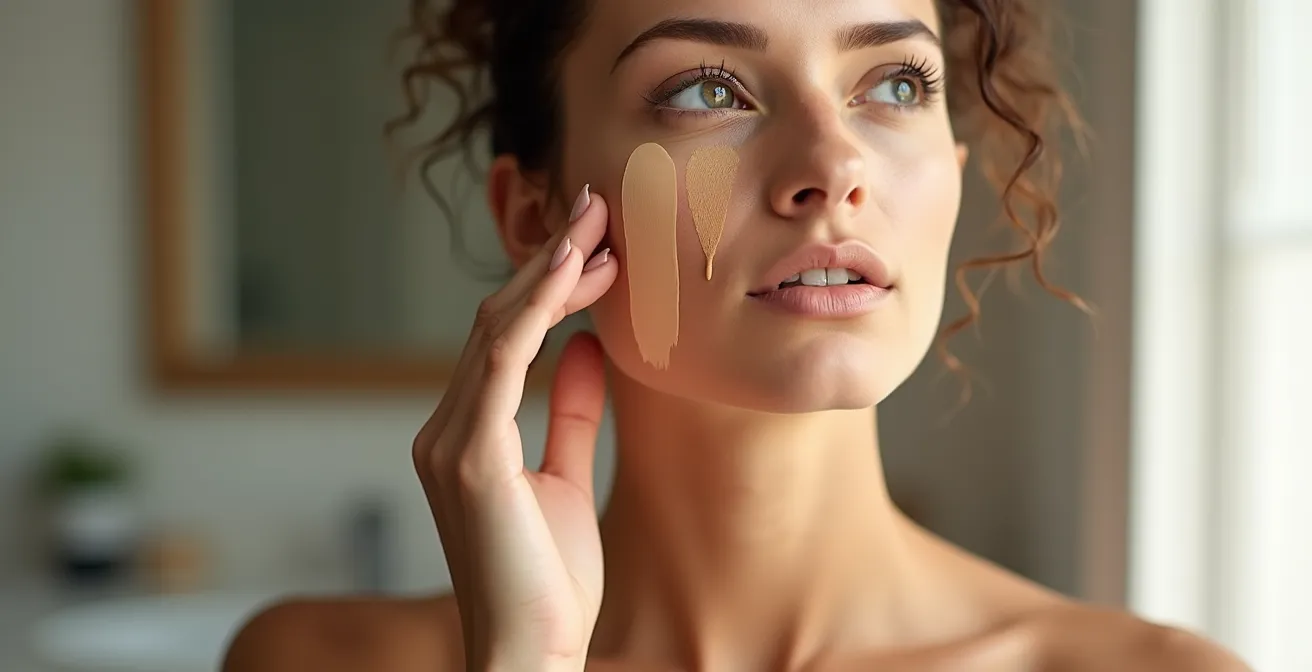 Vergleich von drei Foundation-Nuancen auf verschiedenen Gesichtspartien bei natürlichem Tageslicht