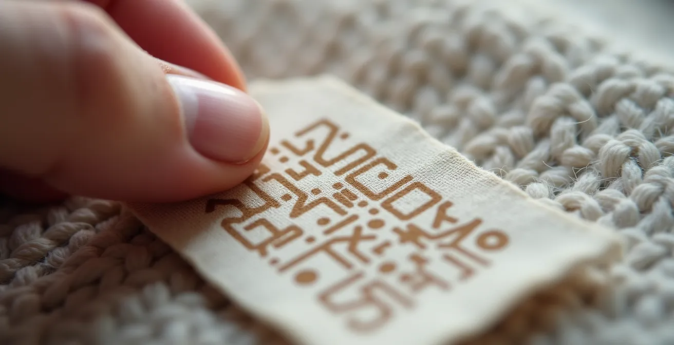Détail macro d'une étiquette textile avec QR code scanné par smartphone