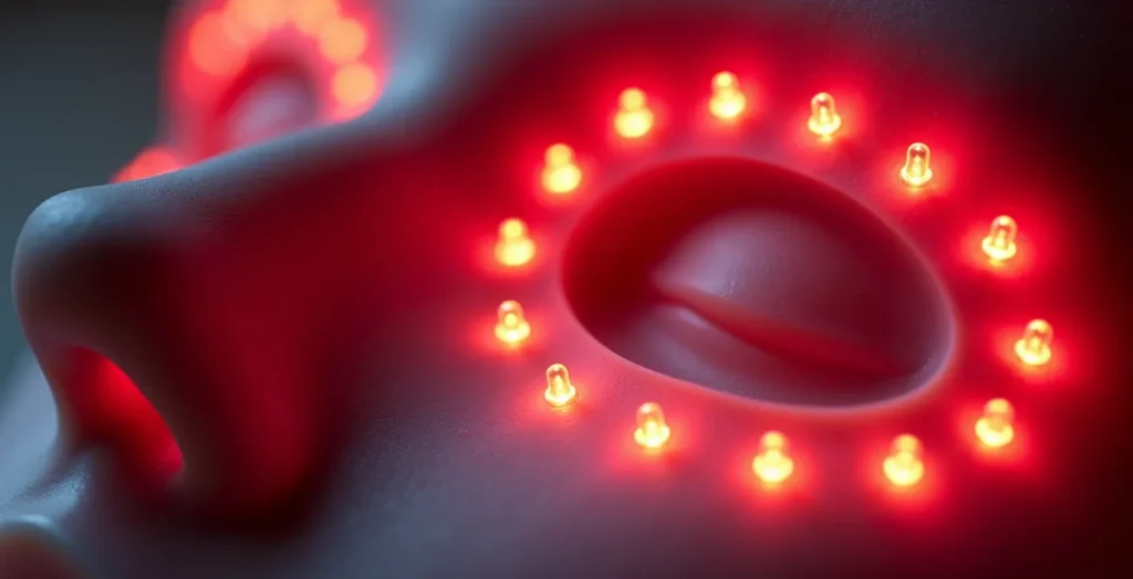Masque LED professionnel en utilisation montrant la lumière rouge thérapeutique Masque LED professionnel en utilisation montrant la lumière rouge thérapeutique