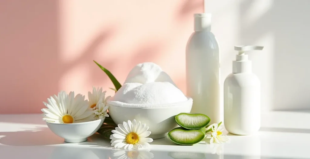 Produits de soin doux pour peau sensible avec rosacée disposés de manière minimaliste Produits de soin doux pour peau sensible avec rosacée disposés de manière minimaliste